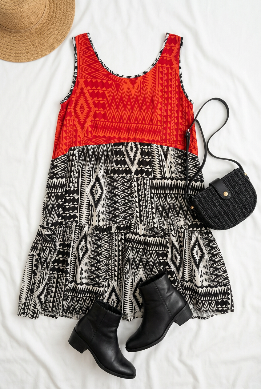 Plus Tribal Print Color Block Sleeveless Dress
