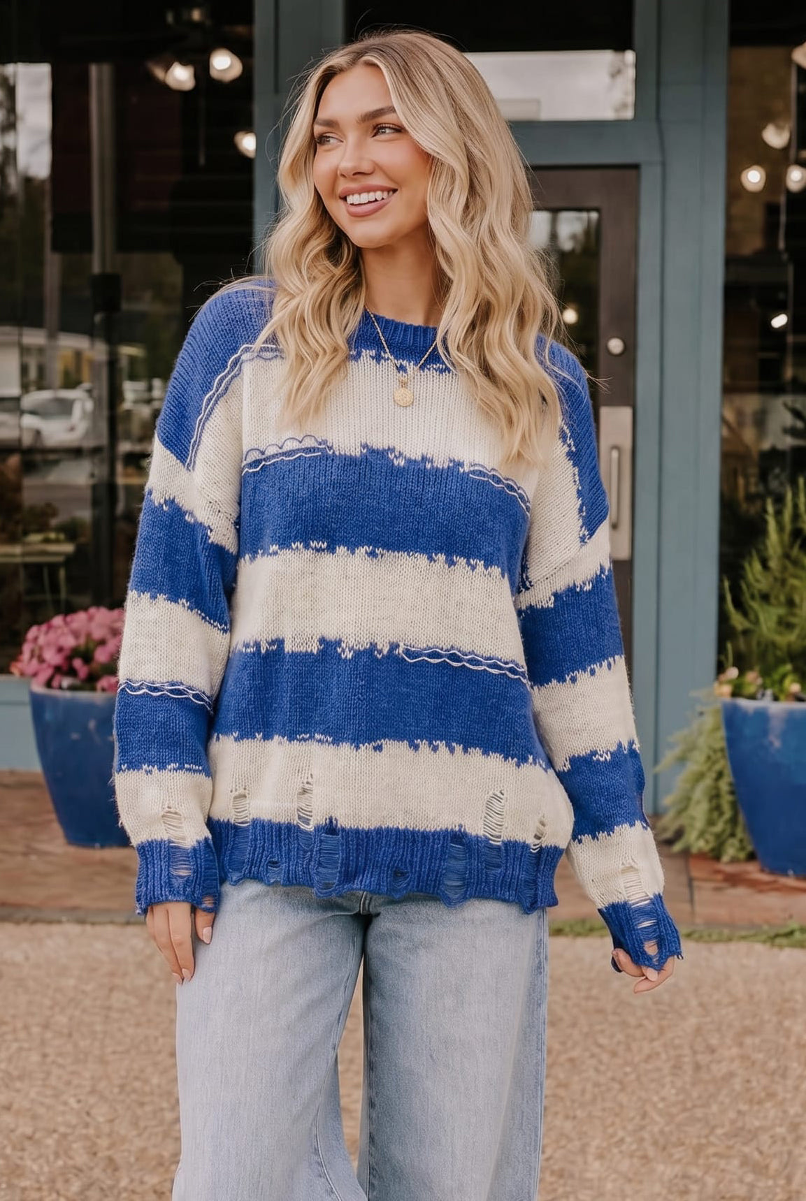 Blue and Ivory Striped Distressed Knit Sweater