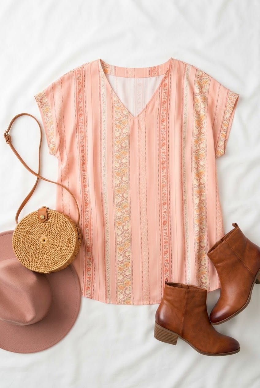Plus Peach Floral Stripe V-Neck Cap Sleeve Top