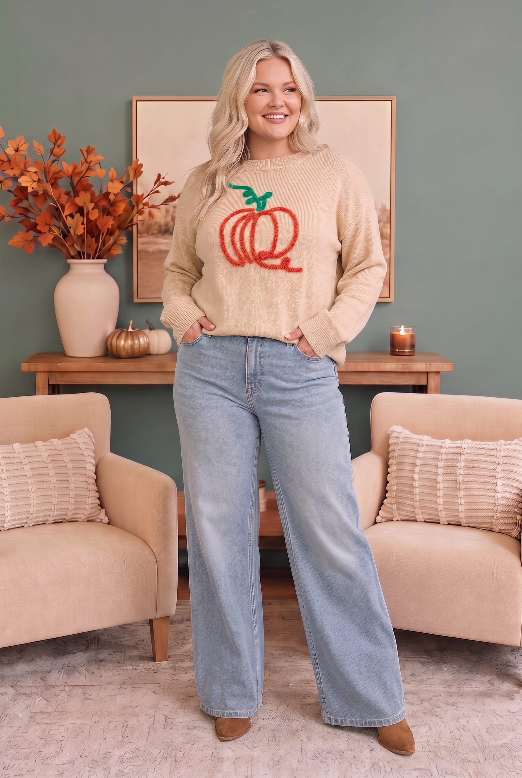 Plus Pumpkin Graphic Crew Neck Pullover Sweater