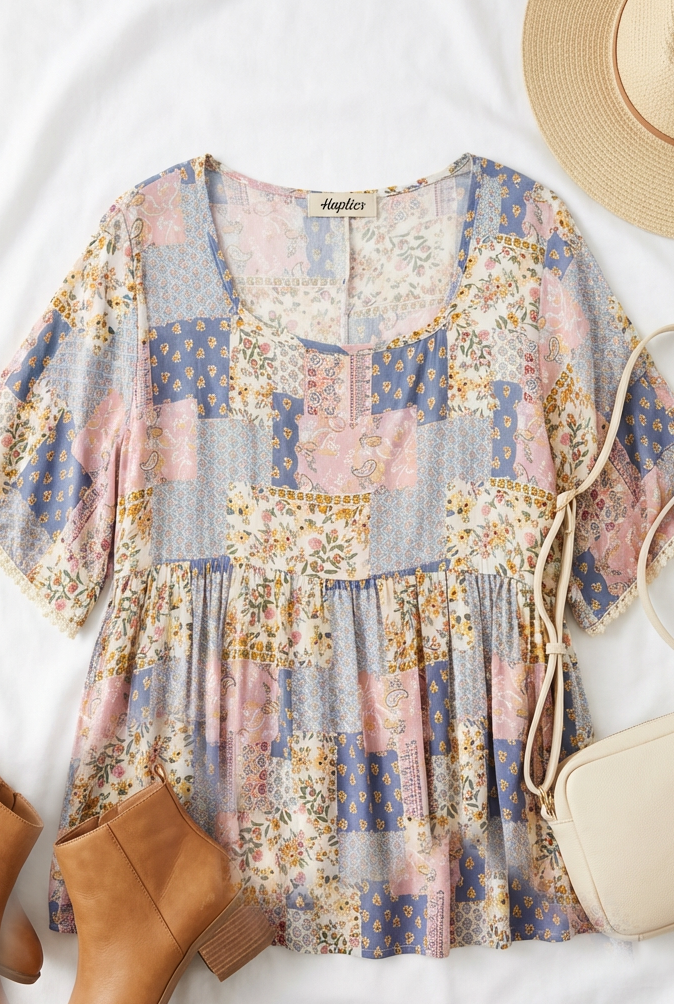 Patchwork Floral Boho Babydoll Top