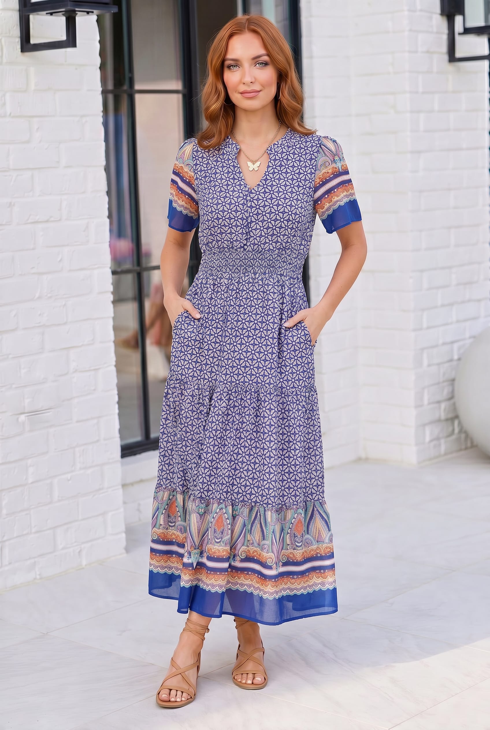 Plus Blue Geometric Border Print Midi Dress