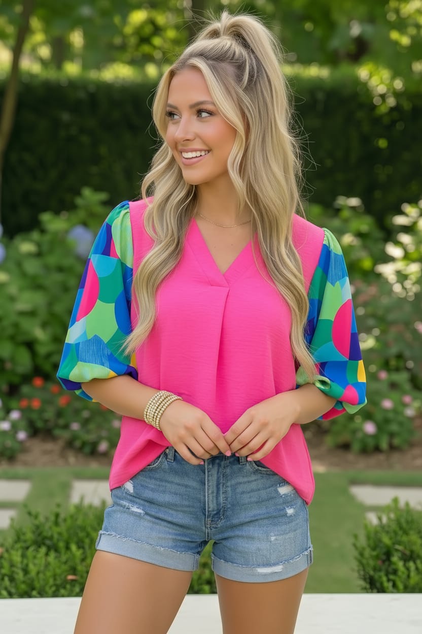 Tell Your Story Fuchsia Geo Print Puff Sleeve V Neck Top (Open Pack)