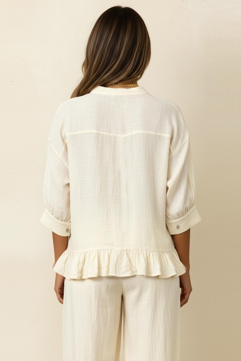 Oatmeal COLLARED BUTTON DOWN PEPLUM SOLID LINEN SHIRT