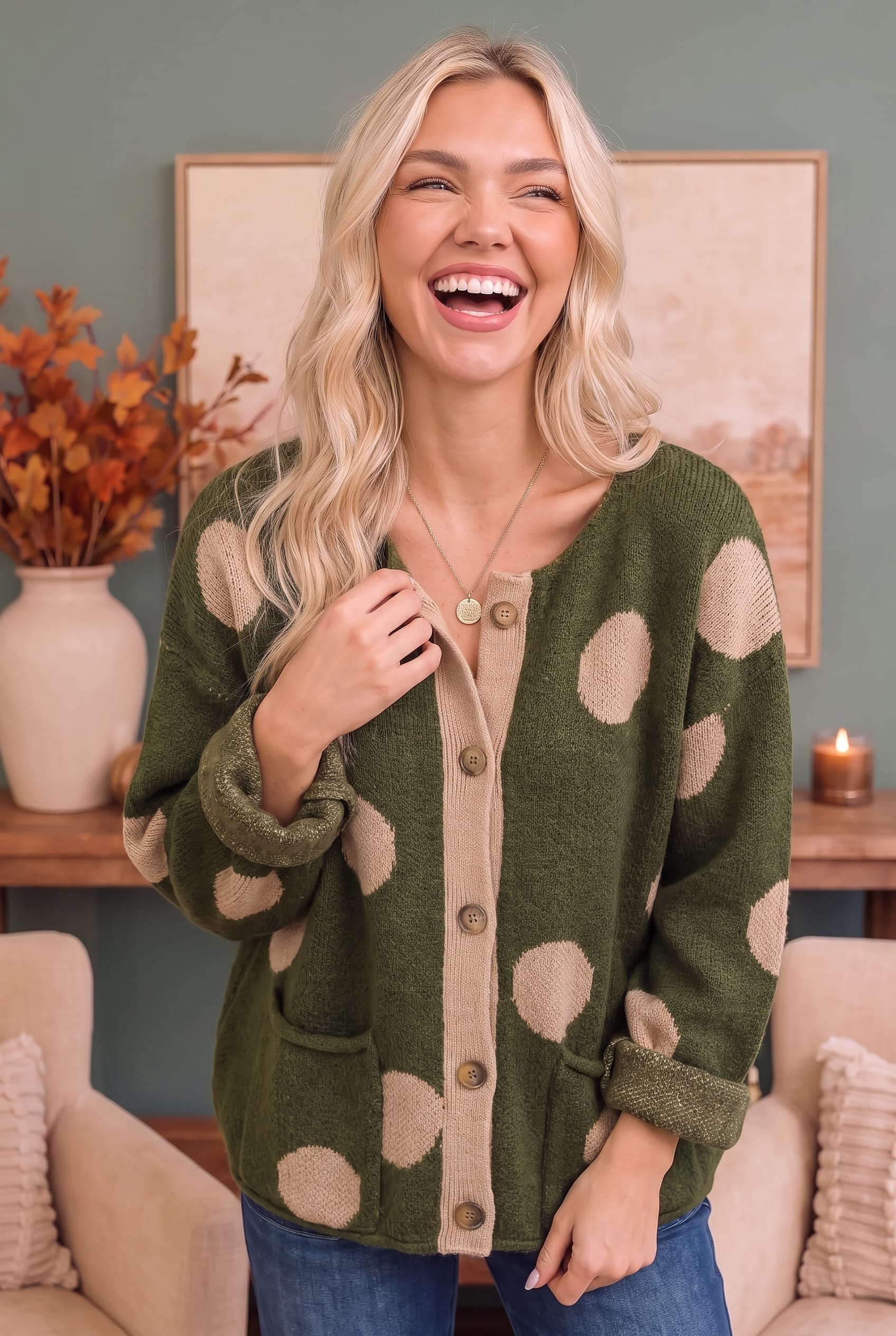 Olive Polka Dot Button Front Knit Cardigan