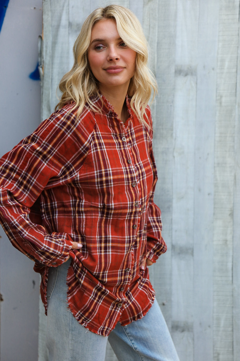 Double Plaid Design Rust Top