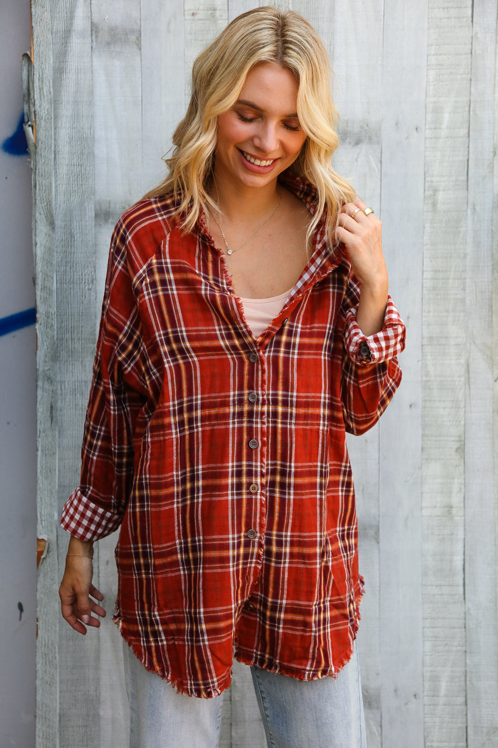 Double Plaid Design Rust Top