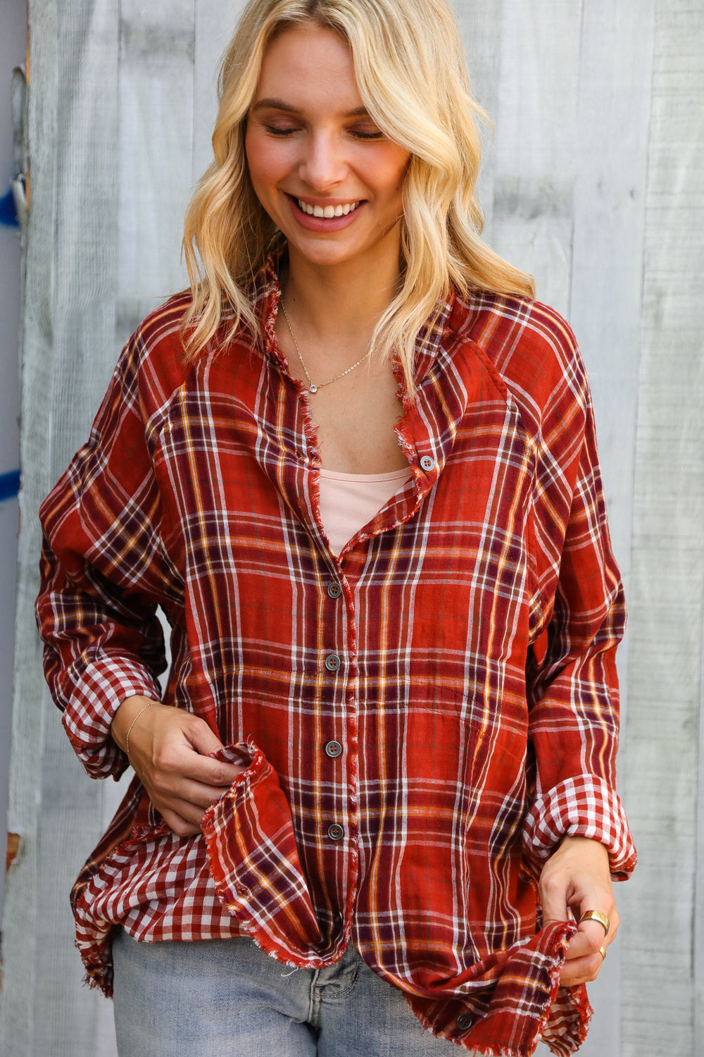 Double Plaid Design Rust Top