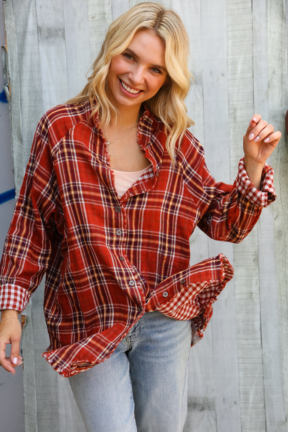 Double Plaid Design Rust Top