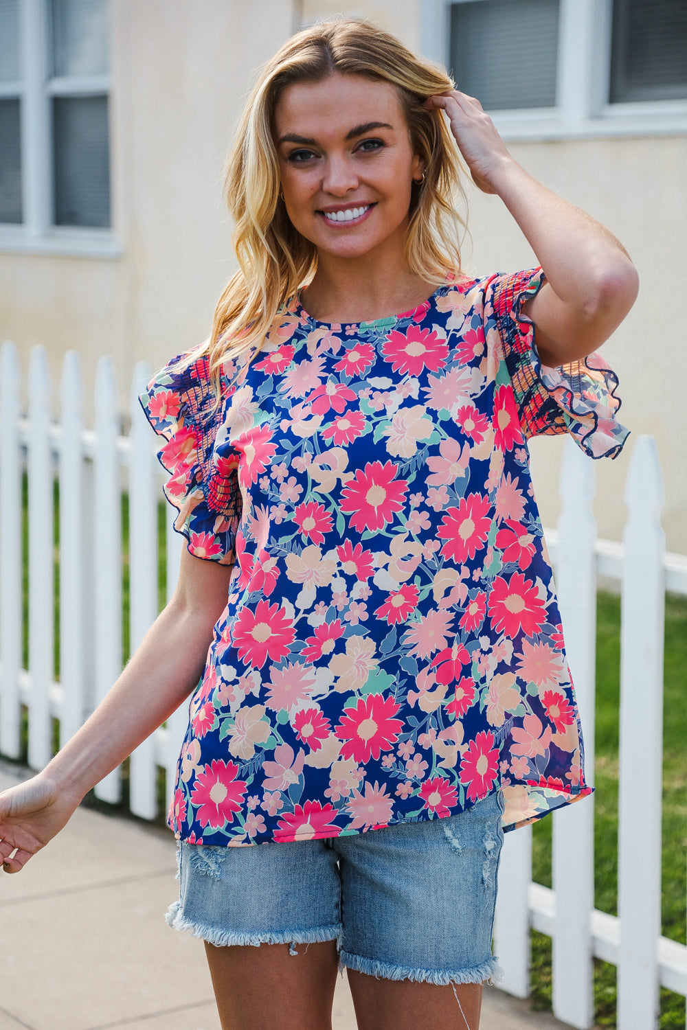 Vacay Ready Blue & Fuchsia Floral Smocked Ruffle Sleeve Top (Open Pack