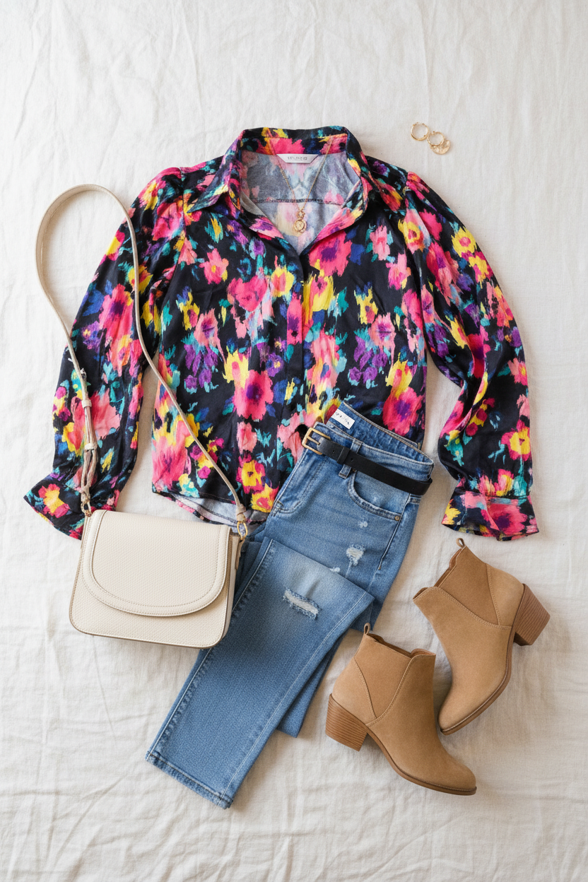 Bold and Blooming Bubble Sleeve Woven Blouse (Open Pack)