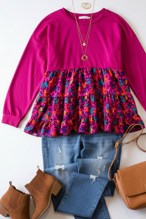 Fuchsia Fizz Drop Shoulder Babydoll Blouse (Open Pack)