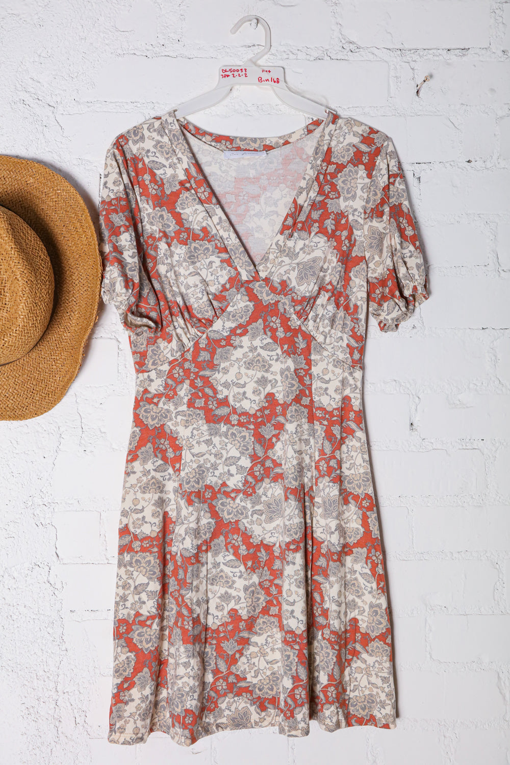 Rust V Neck Floral Dress