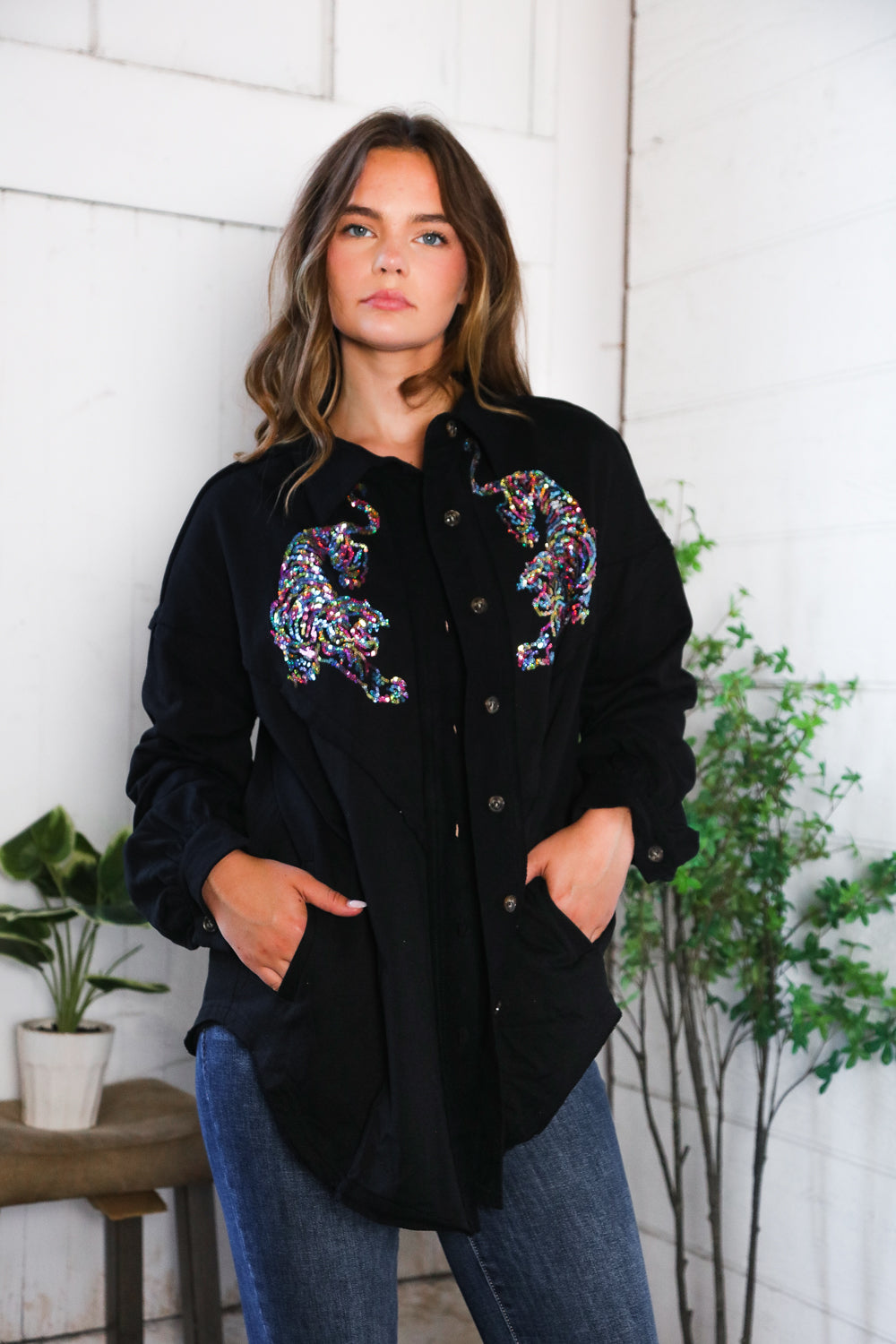 Tick Jacket Tiger Sequin Applique Button Down Jacket (2 colors)