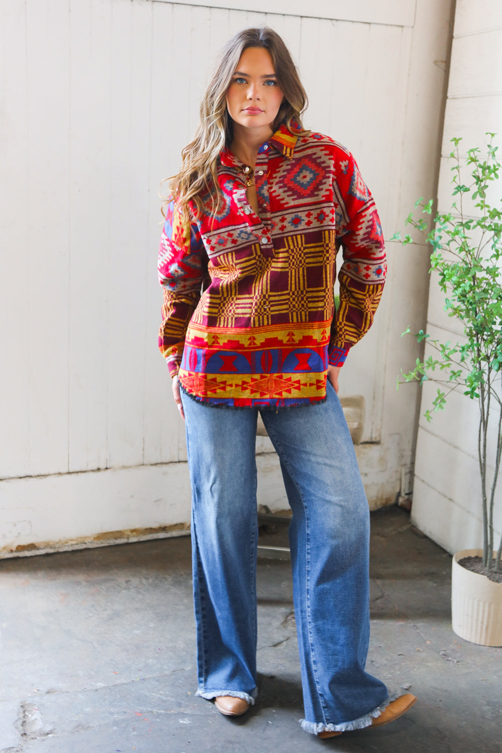 Red Aztec Button Thick Sweater