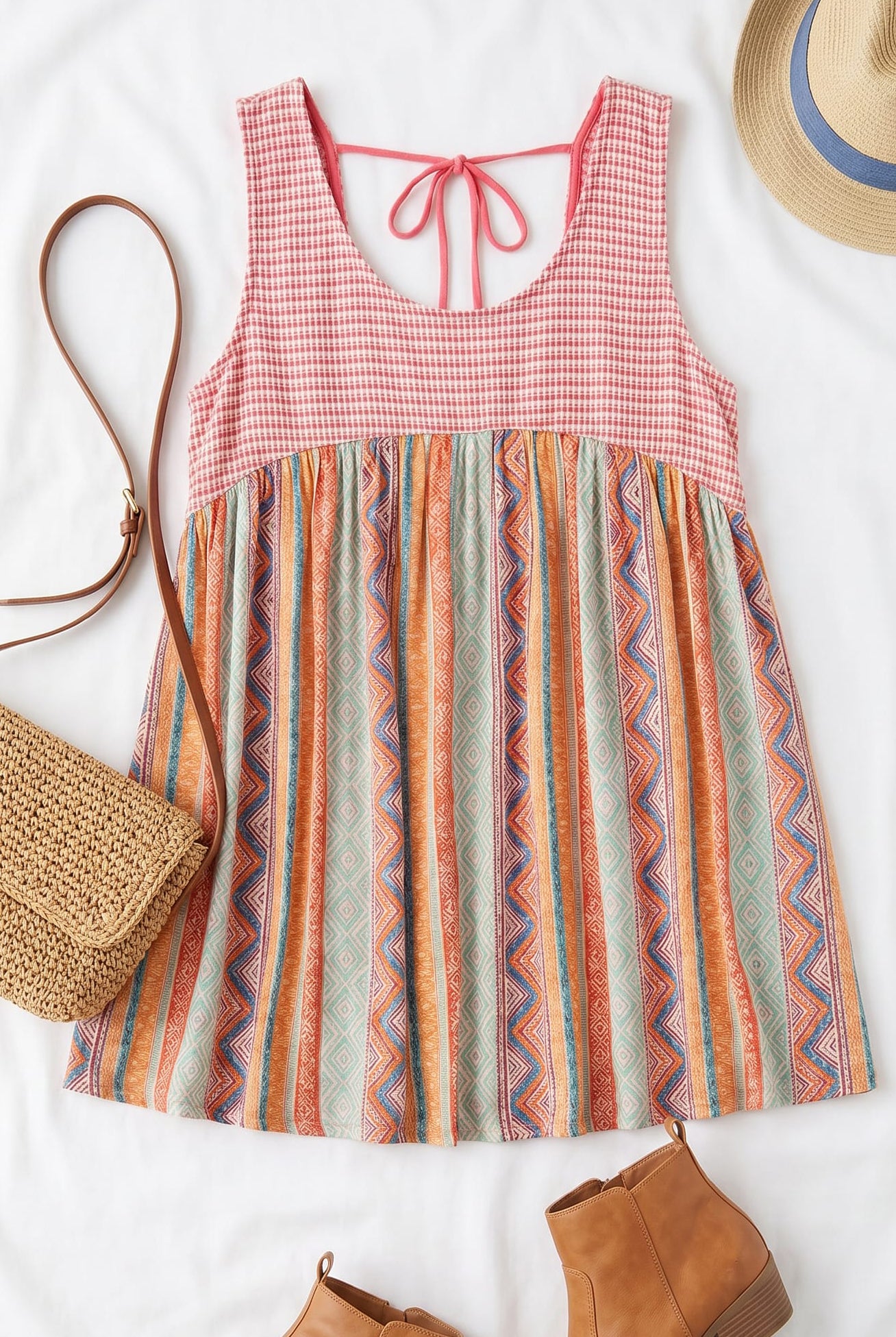 Plus Aztec Print Babydoll Tank Top with Tie Back