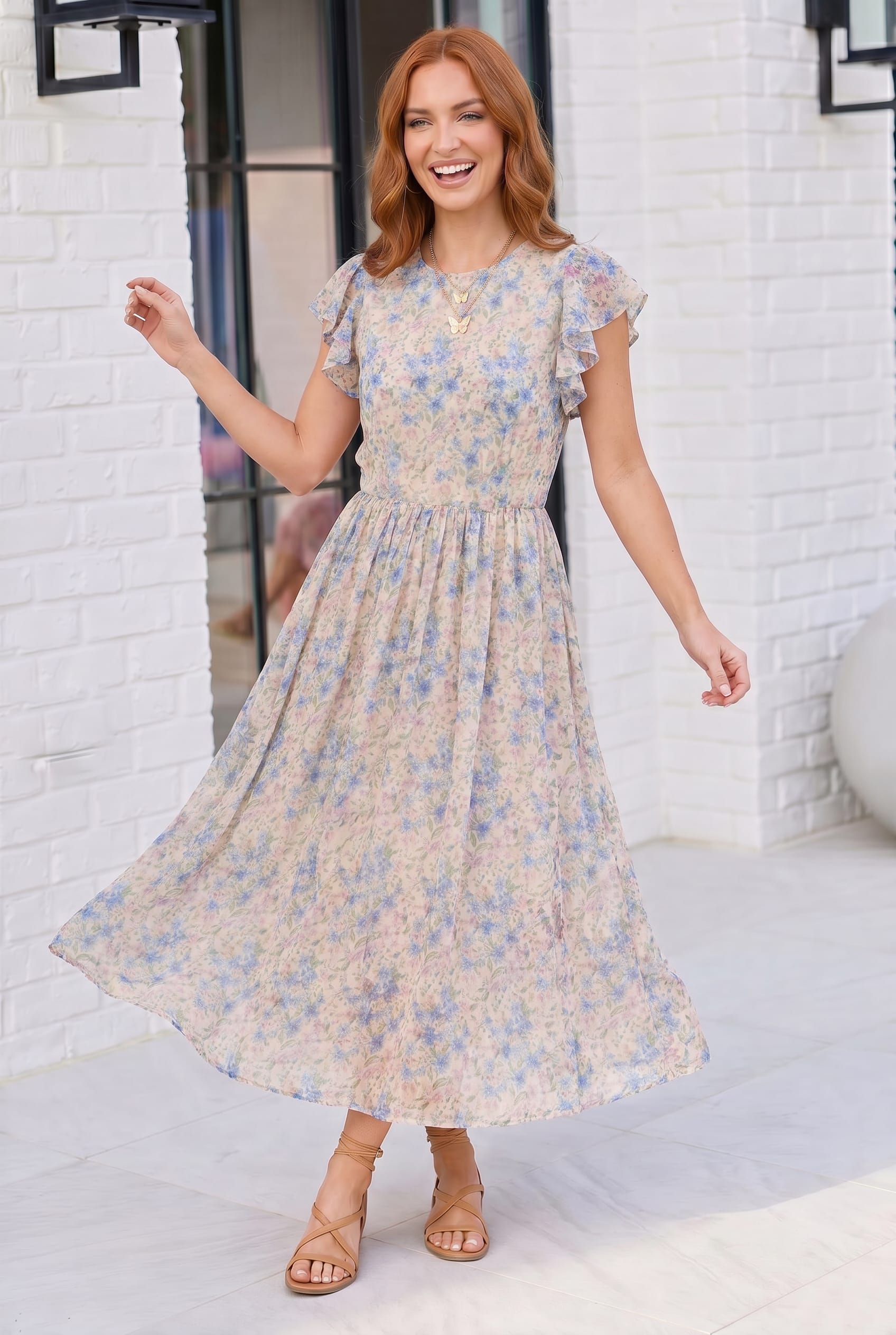 Plus Blue Floral Flutter Sleeve Mesh Lined Dress