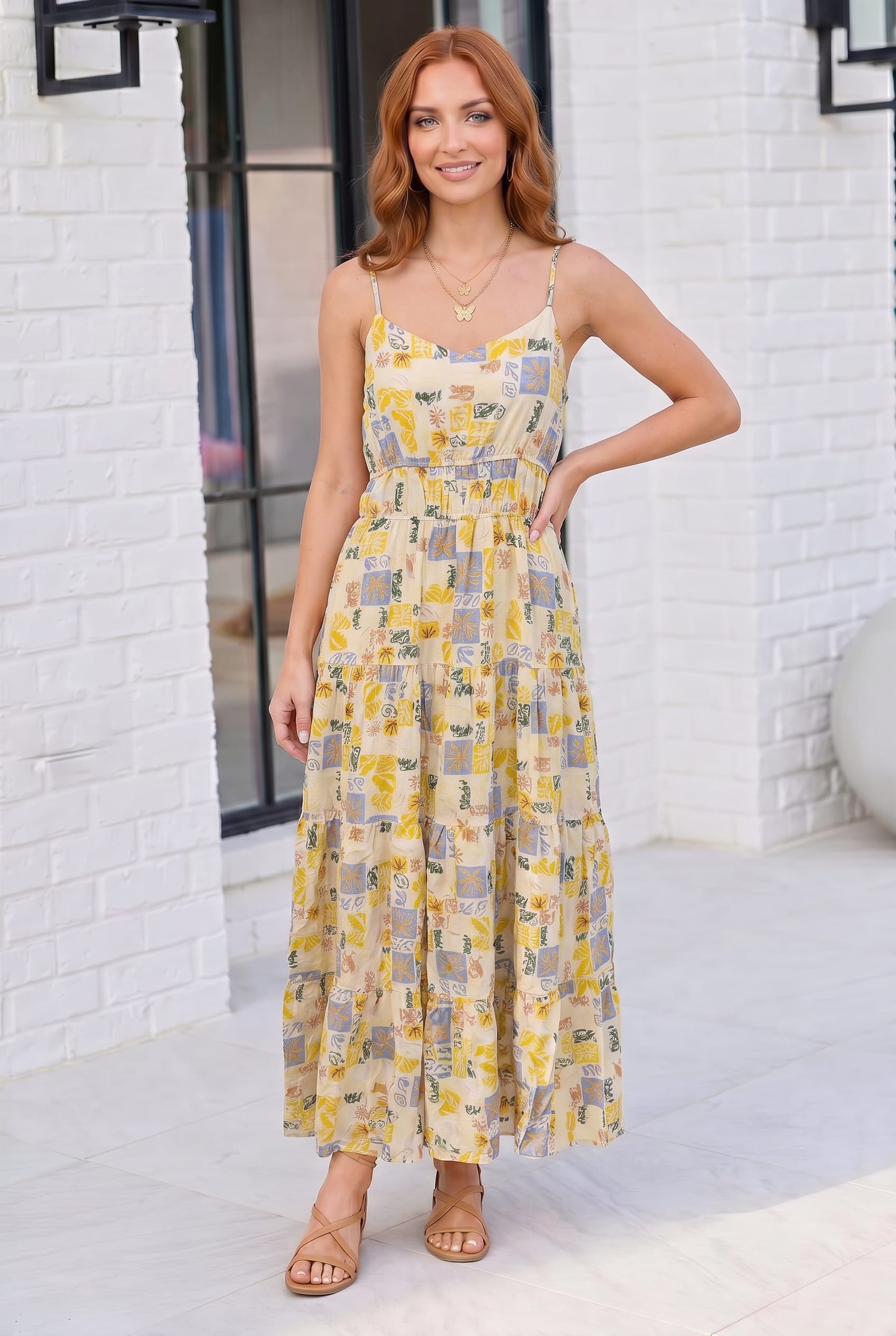 Tropical Patchwork Print Tiered Maxi Dress