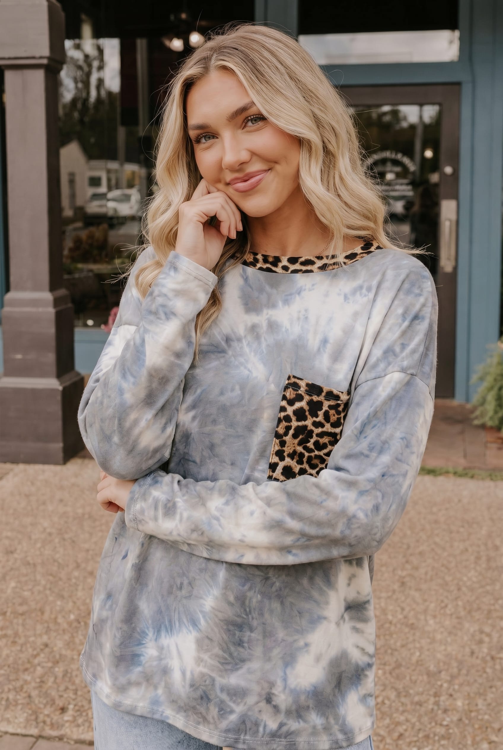 Tie Dye Long Sleeve Top with Leopard Print Accents