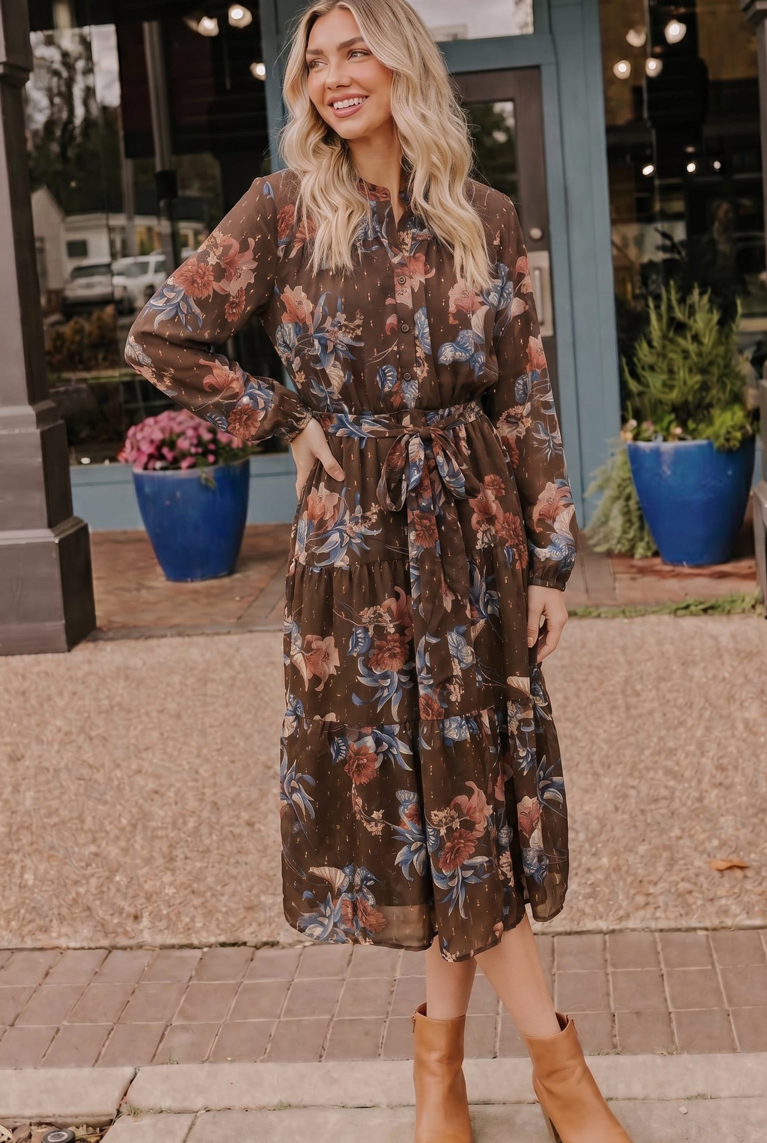 Brown Floral Long Sleeve Midi Dress