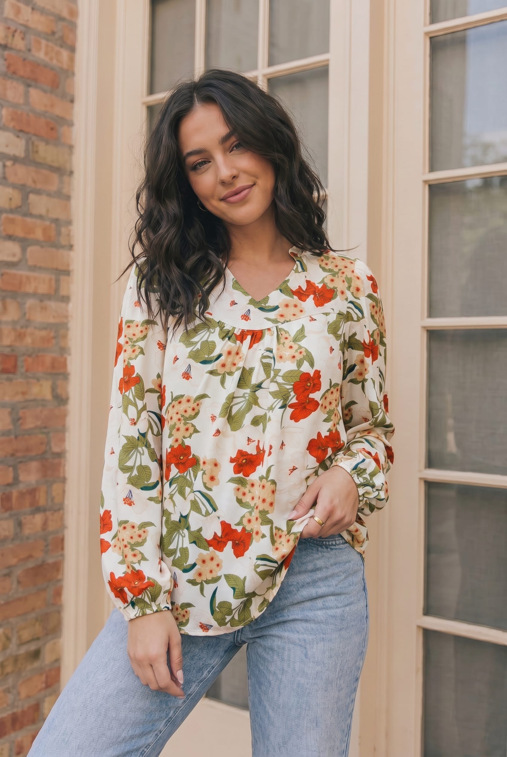 Ivory Floral Print Frill Woven Blouse
