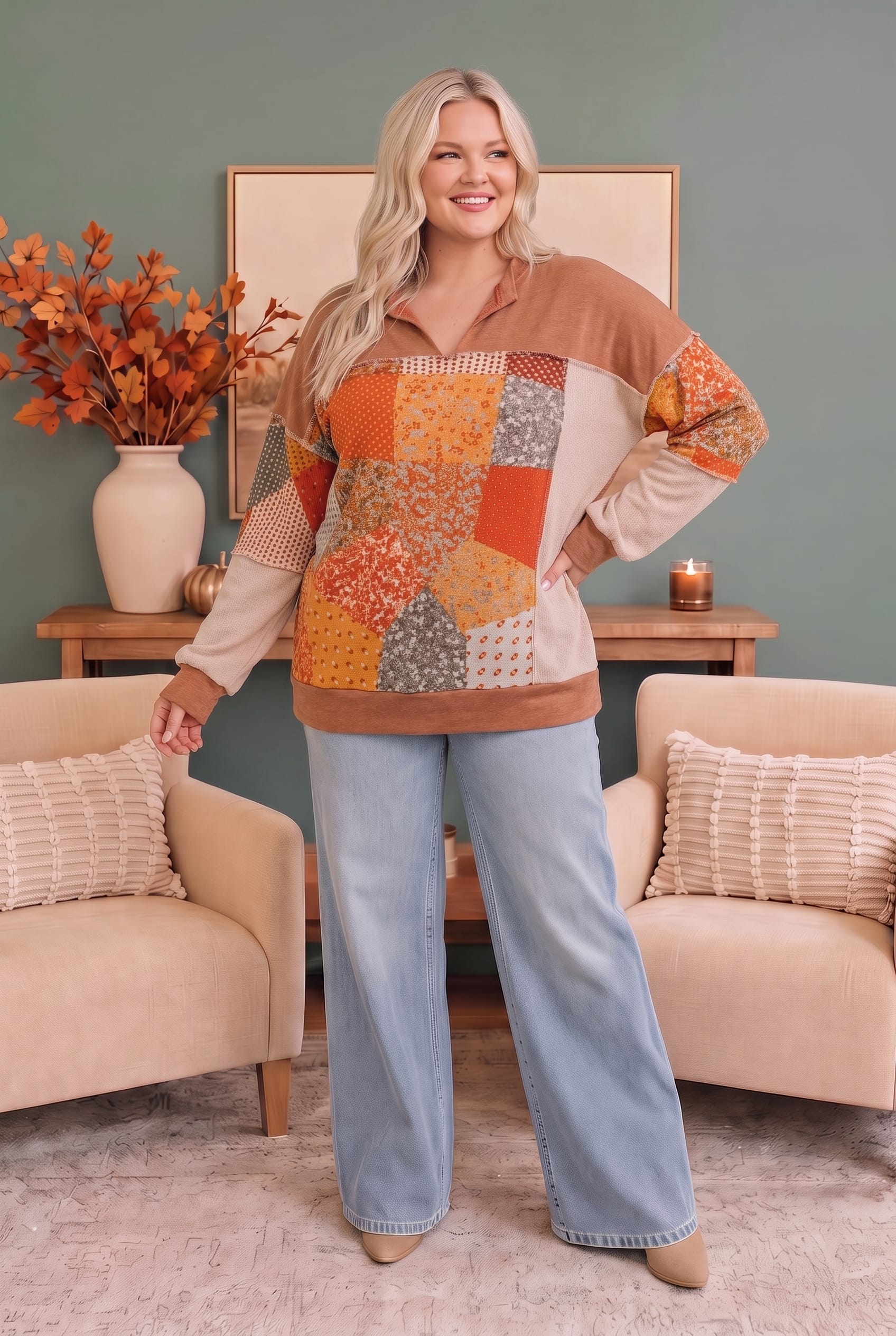 Plus Patchwork Quilt Print Collared Pullover Sweatshirt