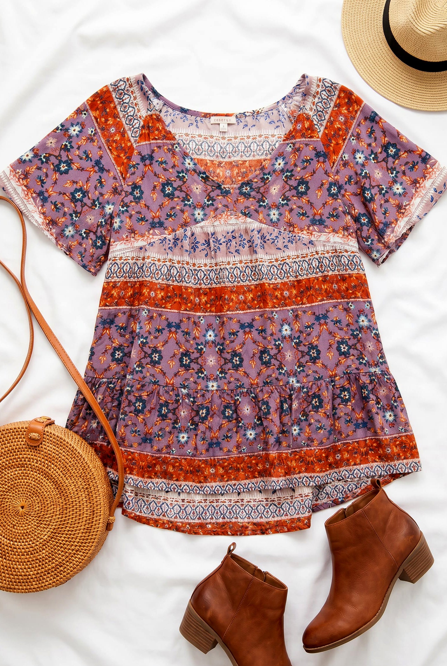 Boho Floral Mixed Print Flutter Sleeve Top
