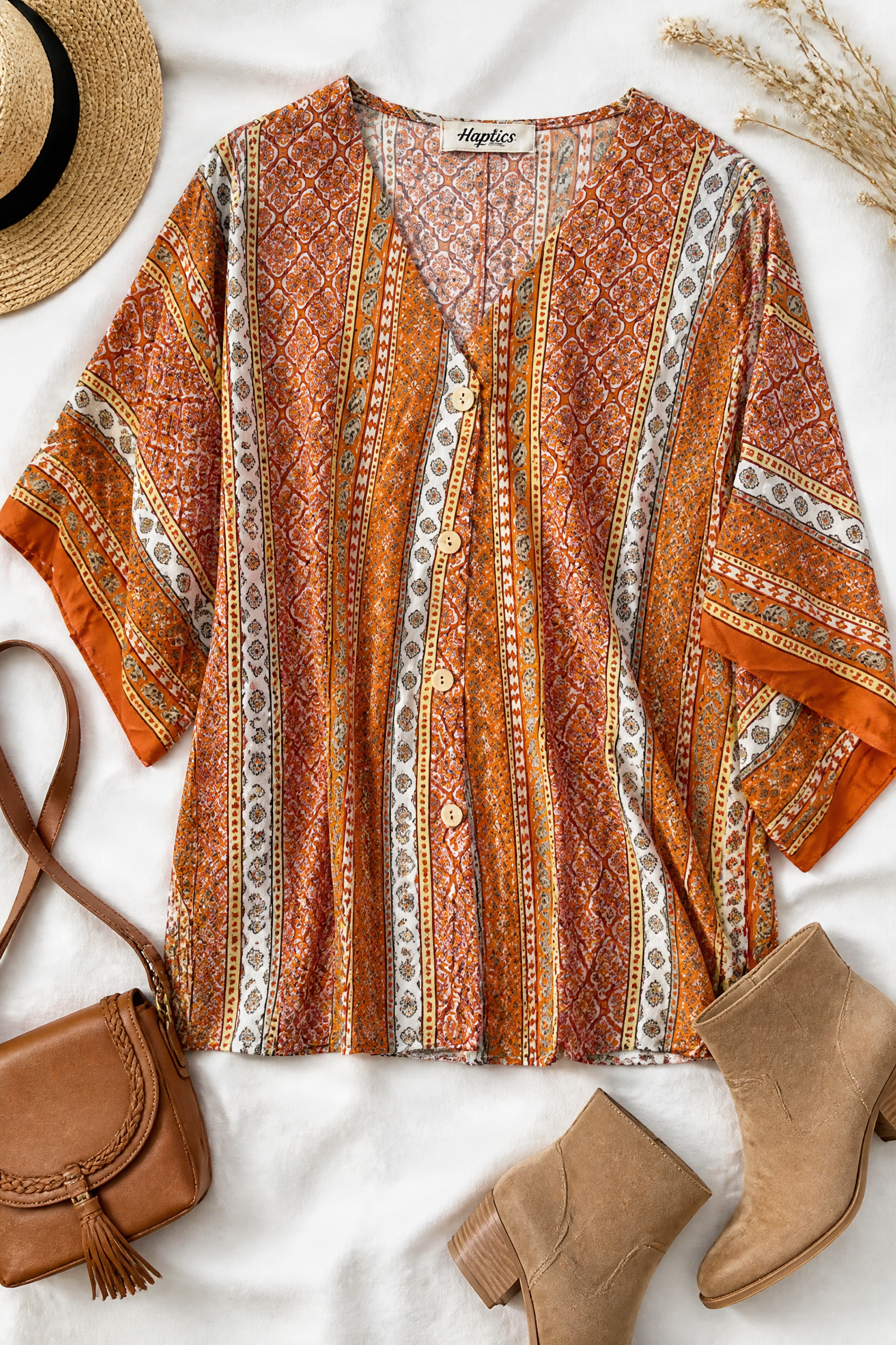 Boho Print Button Front Crop Top