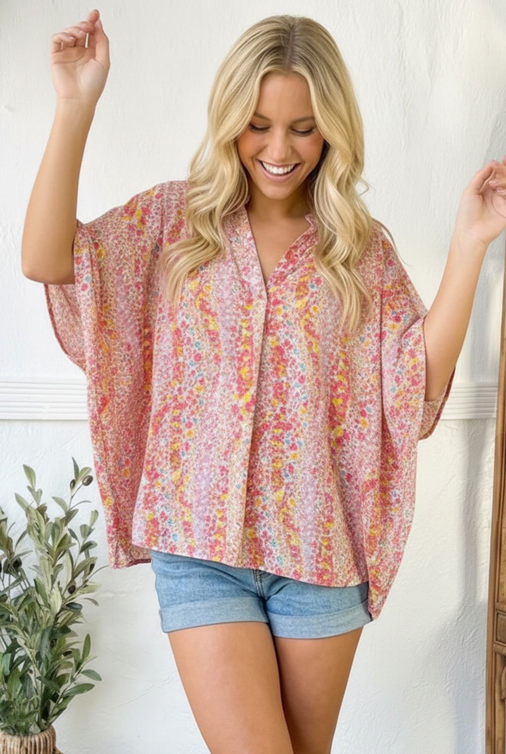 Multicolor Fall Blouses Multi Floral Design Blouse