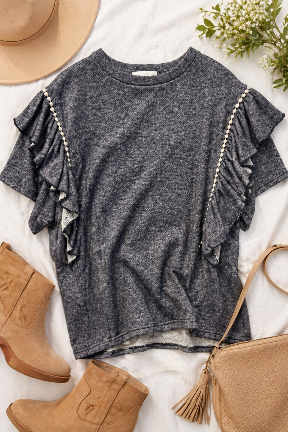 Heathered Ruffle Sleeve Knit Top