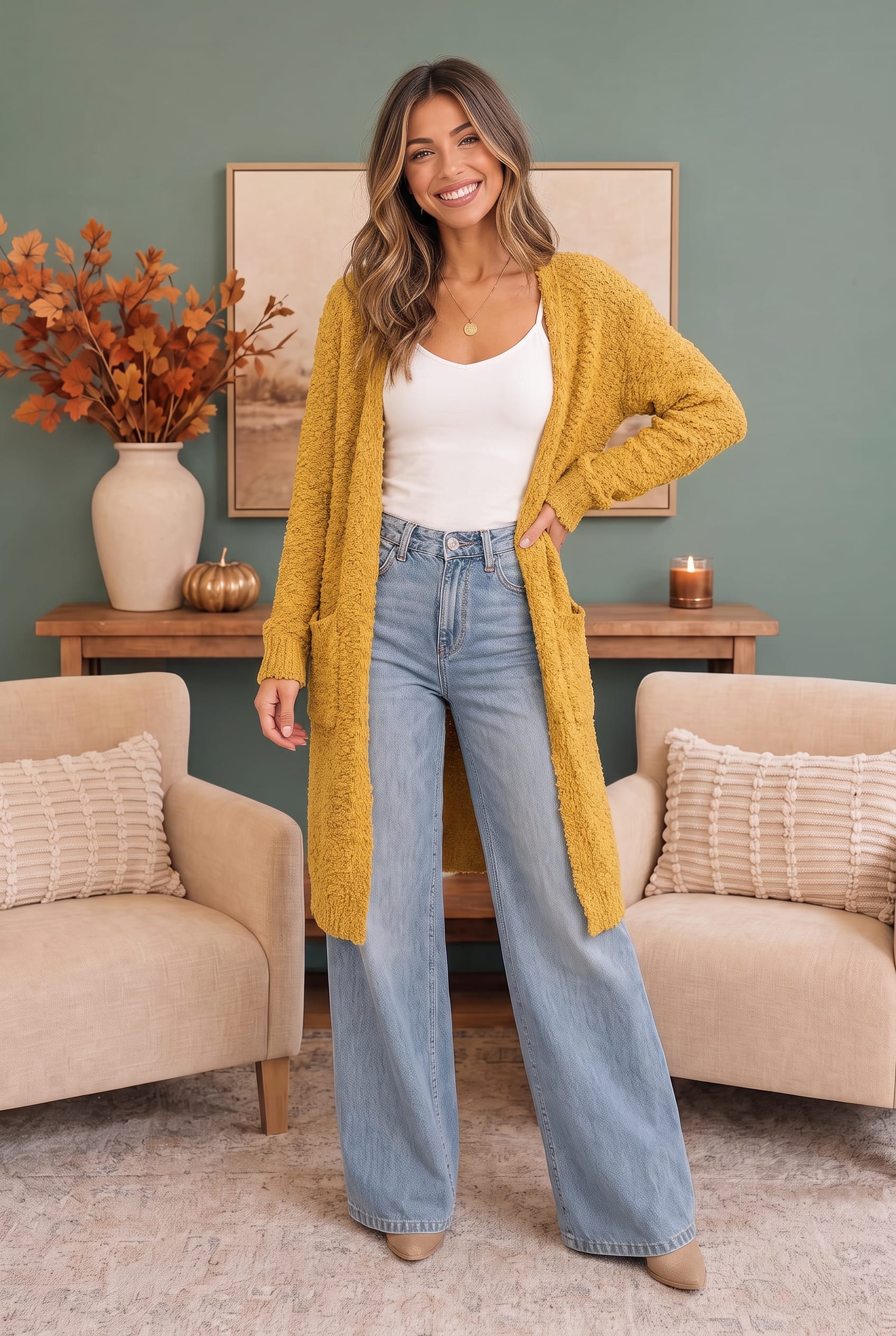 Mustard Boucle Open Front Longline Cardigan