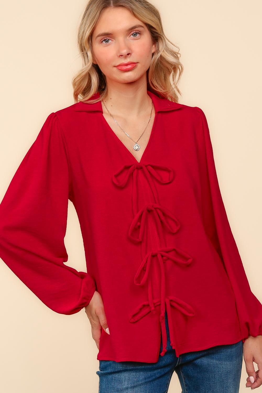 Top Notch Ribbon COLLARED NOTCH NECK RIBBON BOW WOVEN TOP