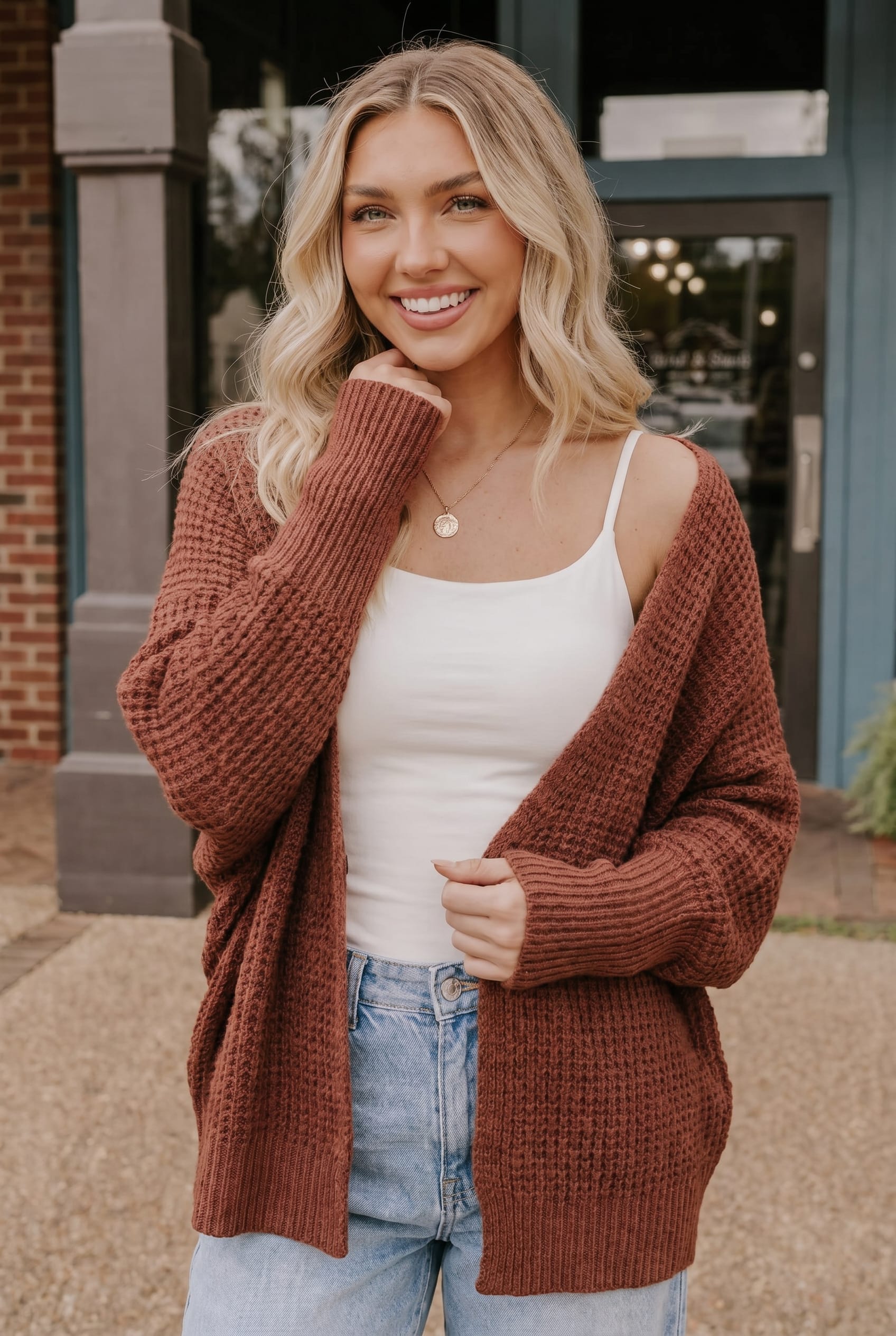 Brick Waffle Knit Oversized Cardigan