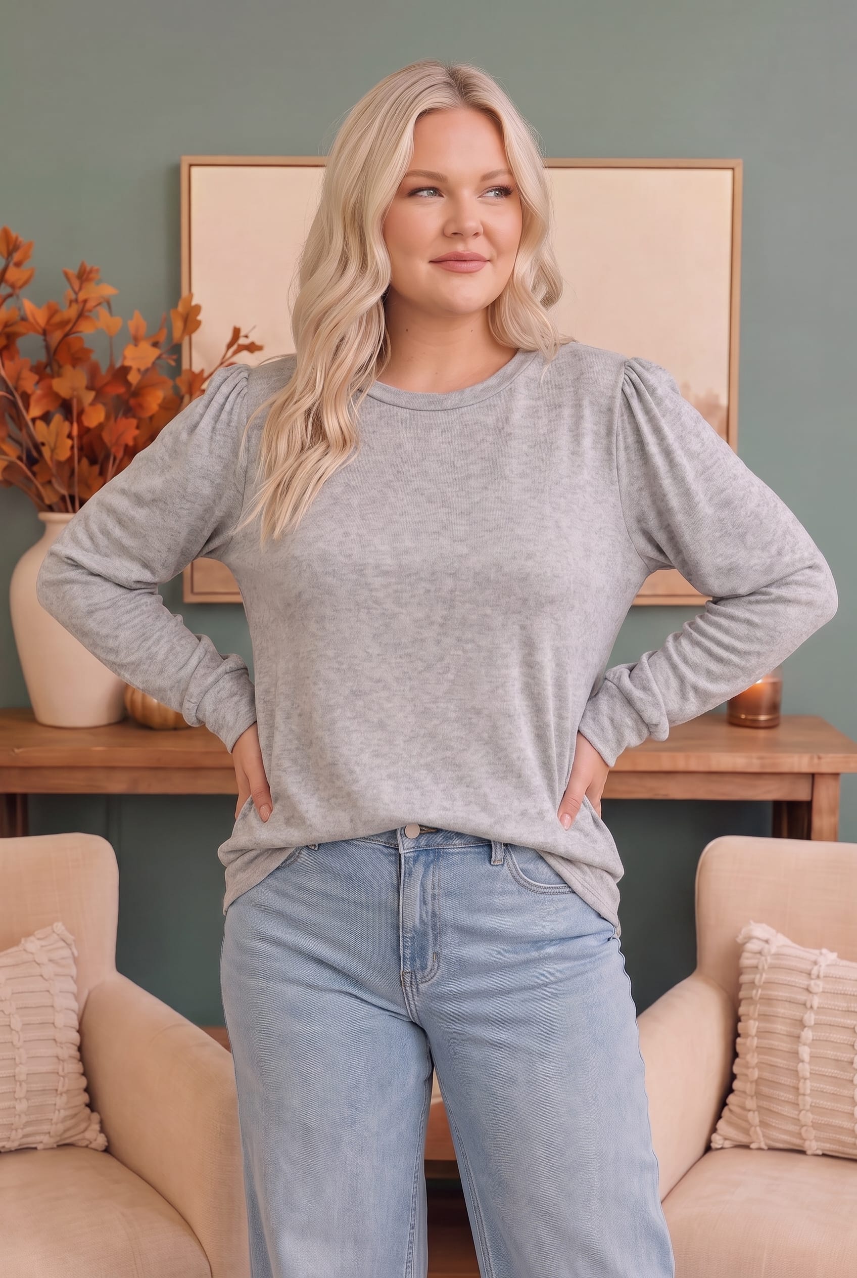 Plus Heather Grey Puff Shoulder Long Sleeve Top