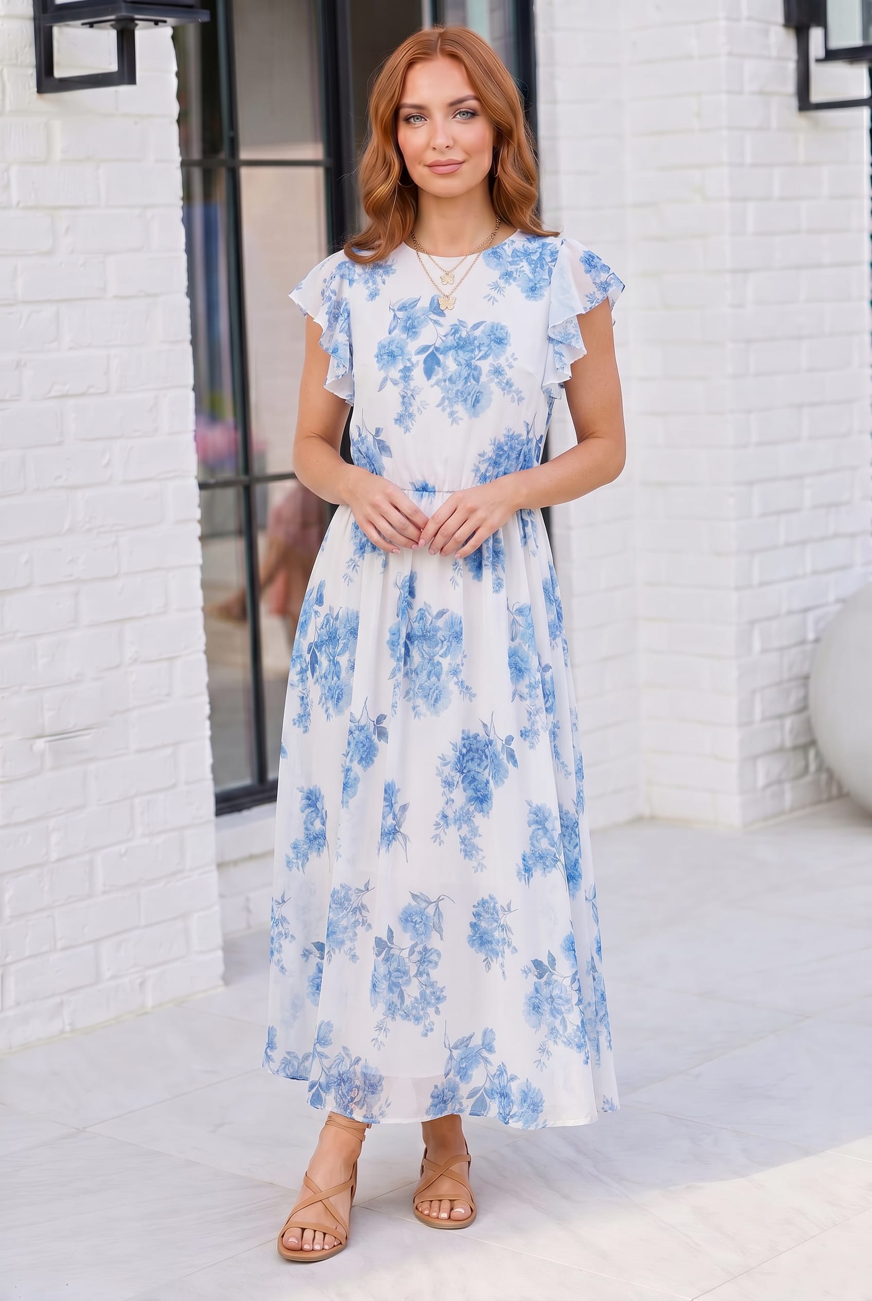 Plus Blue Floral Ruffle Sleeve Mesh Lined Maxi Dress