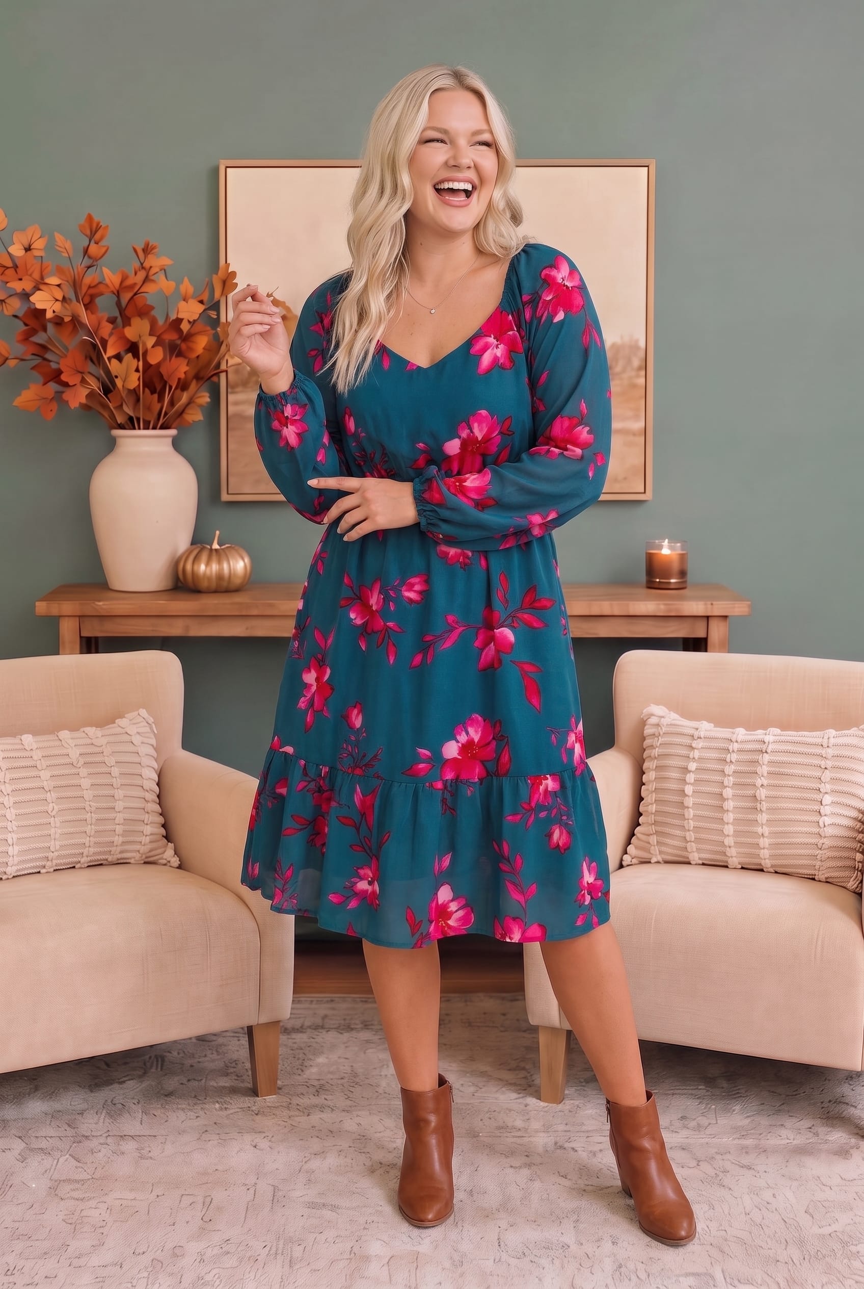 Plus Teal Floral Long Sleeve Tiered Midi Dress