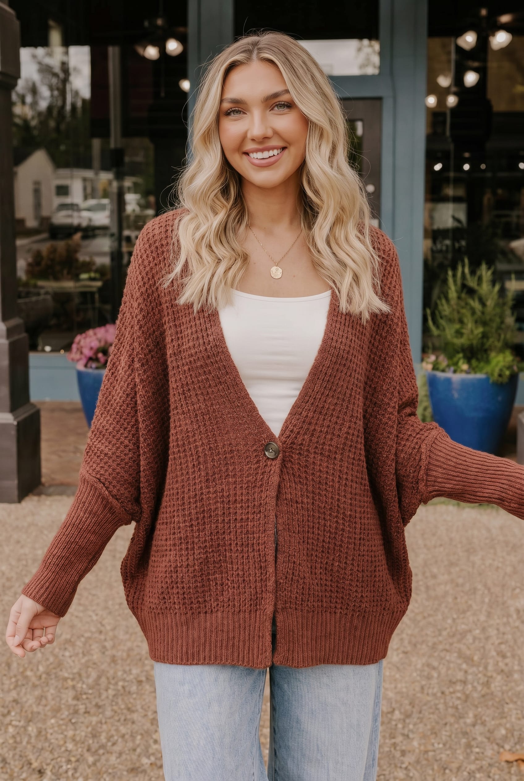 Cozy Button Front Waffle Knit Cardigan in Rust (Open Pack)