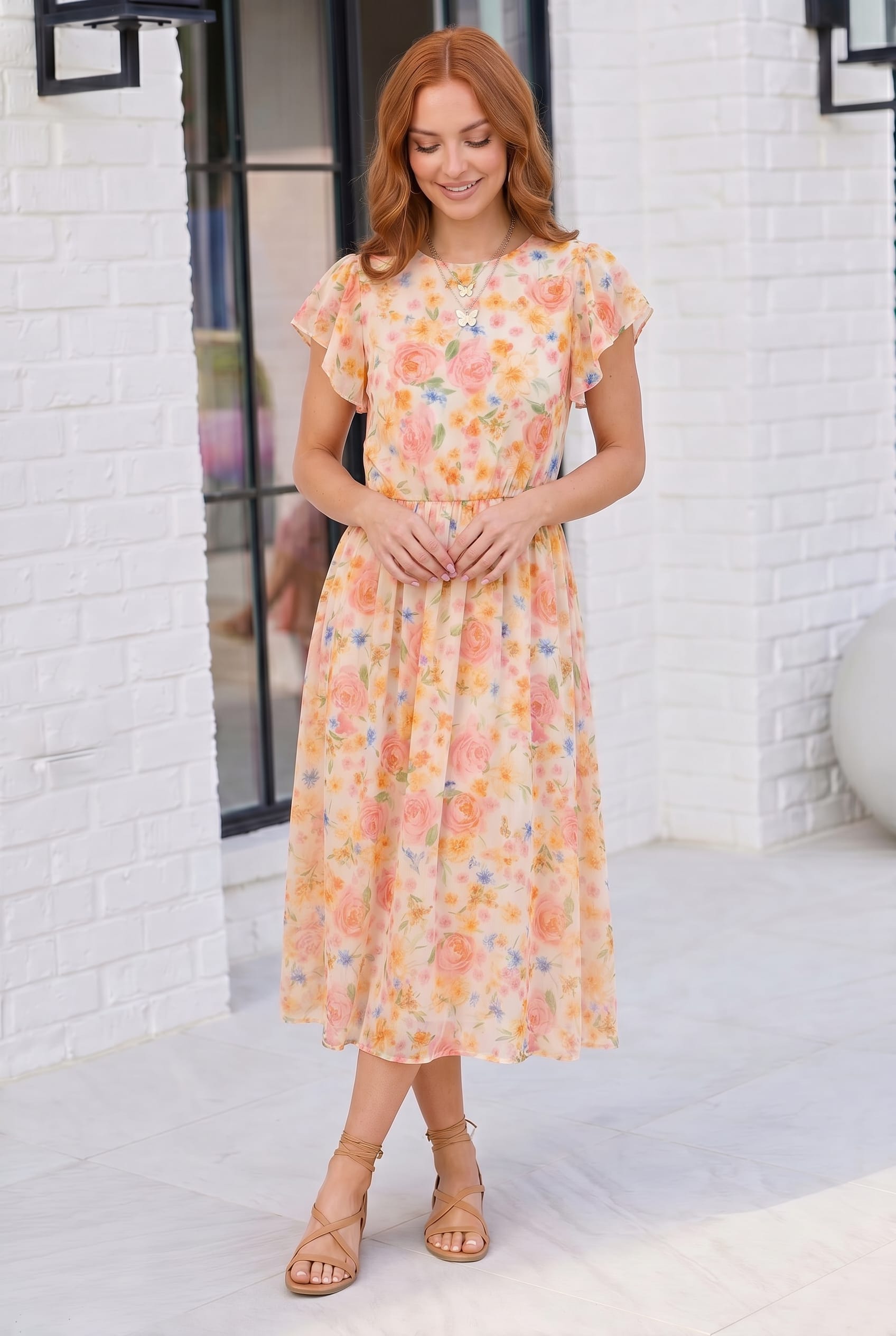 Plus Floral Print Flutter Sleeve Midi Dress