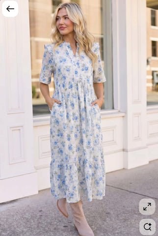 Blue Floral Ruffle Maxi Dress