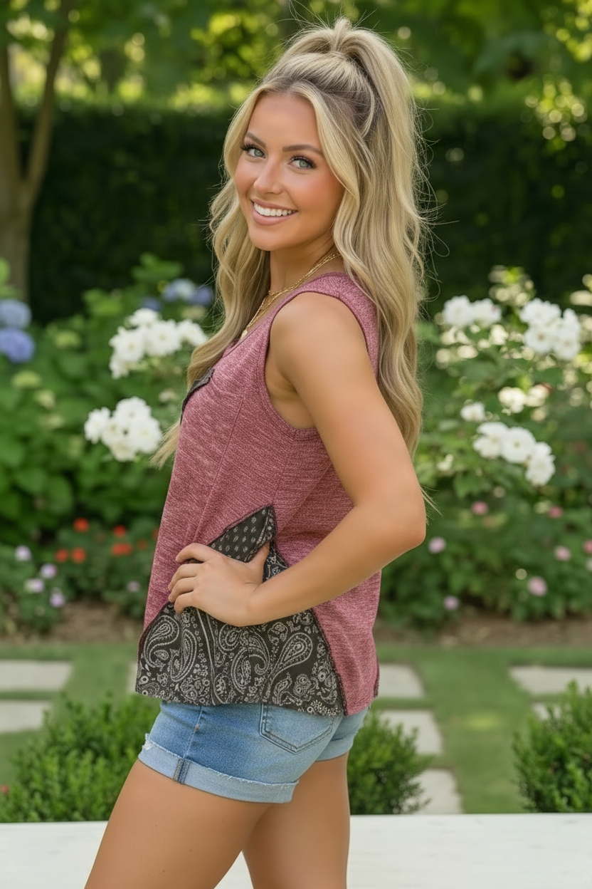 PLus Mauve Heathered Knit Tank Top with Paisley Side Panels