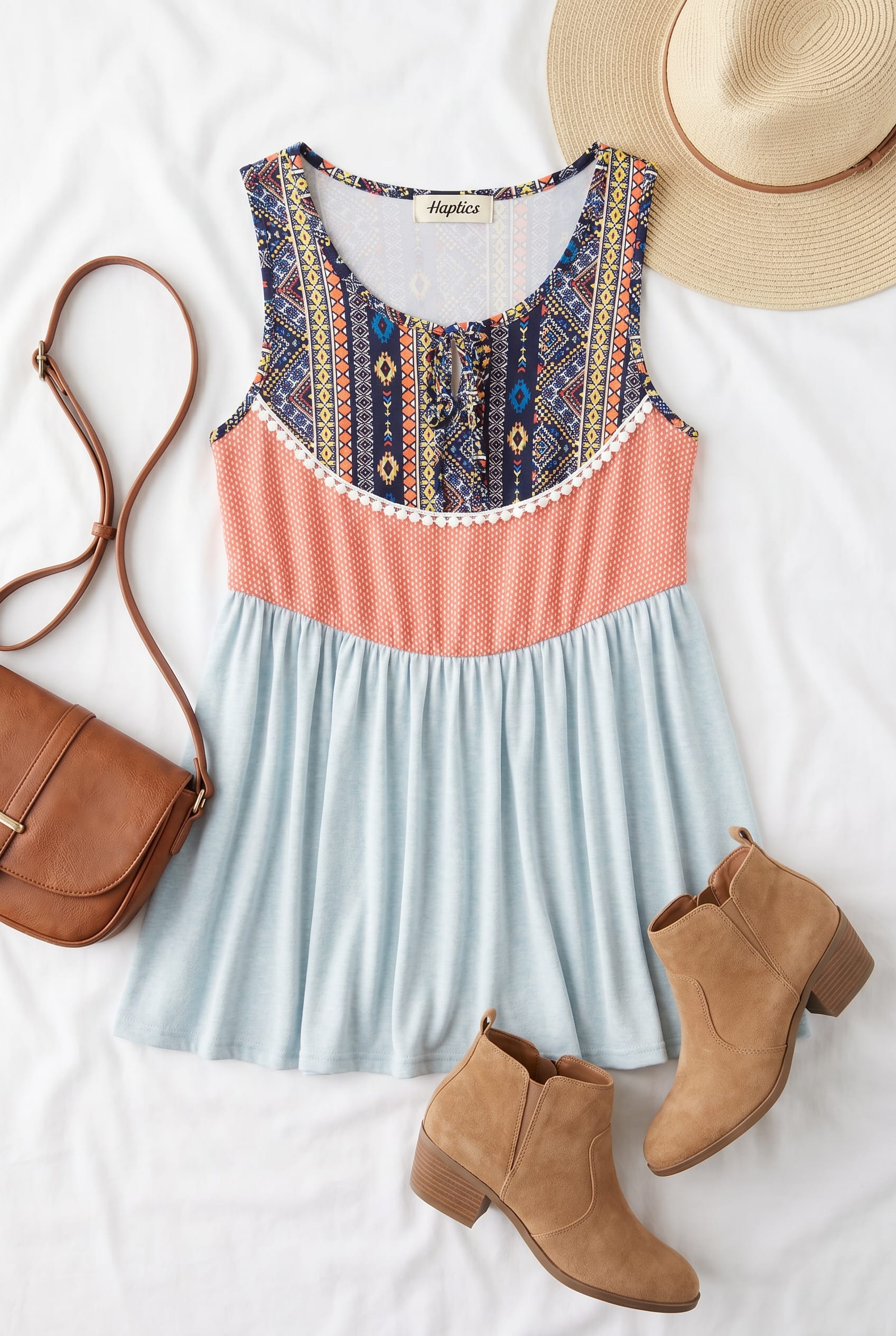 Boho Aztec Print Mixed Media Tank Top