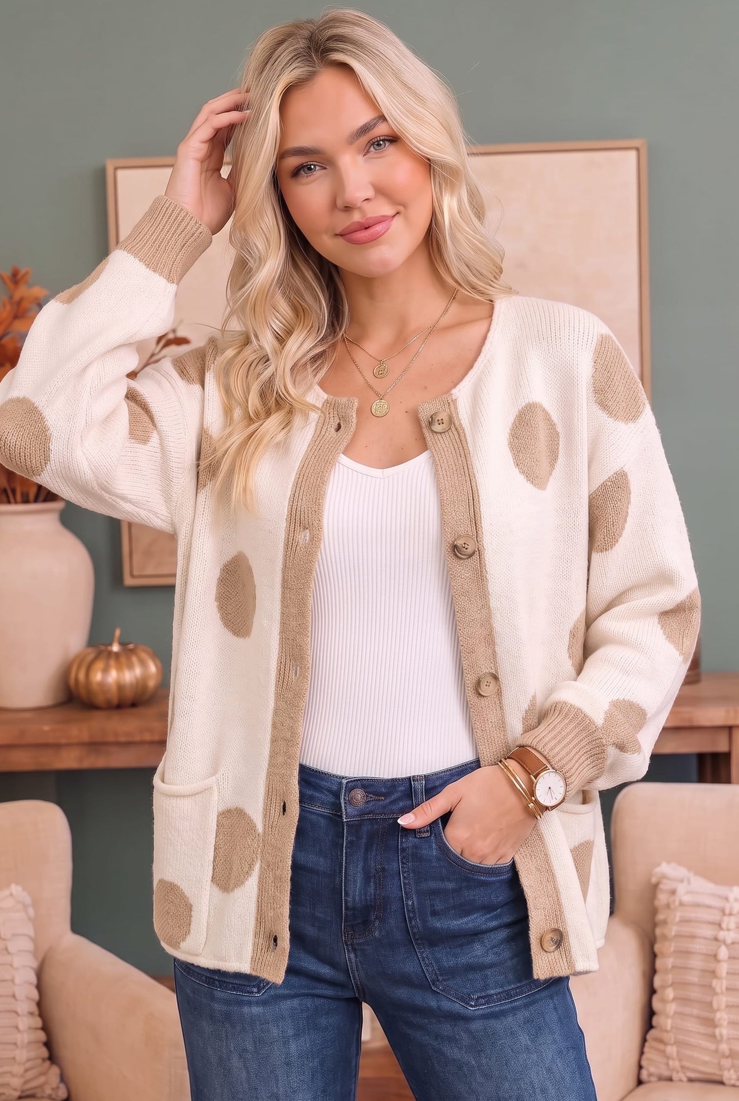 Ivory Tan Polka Dot Button Front Cardigan