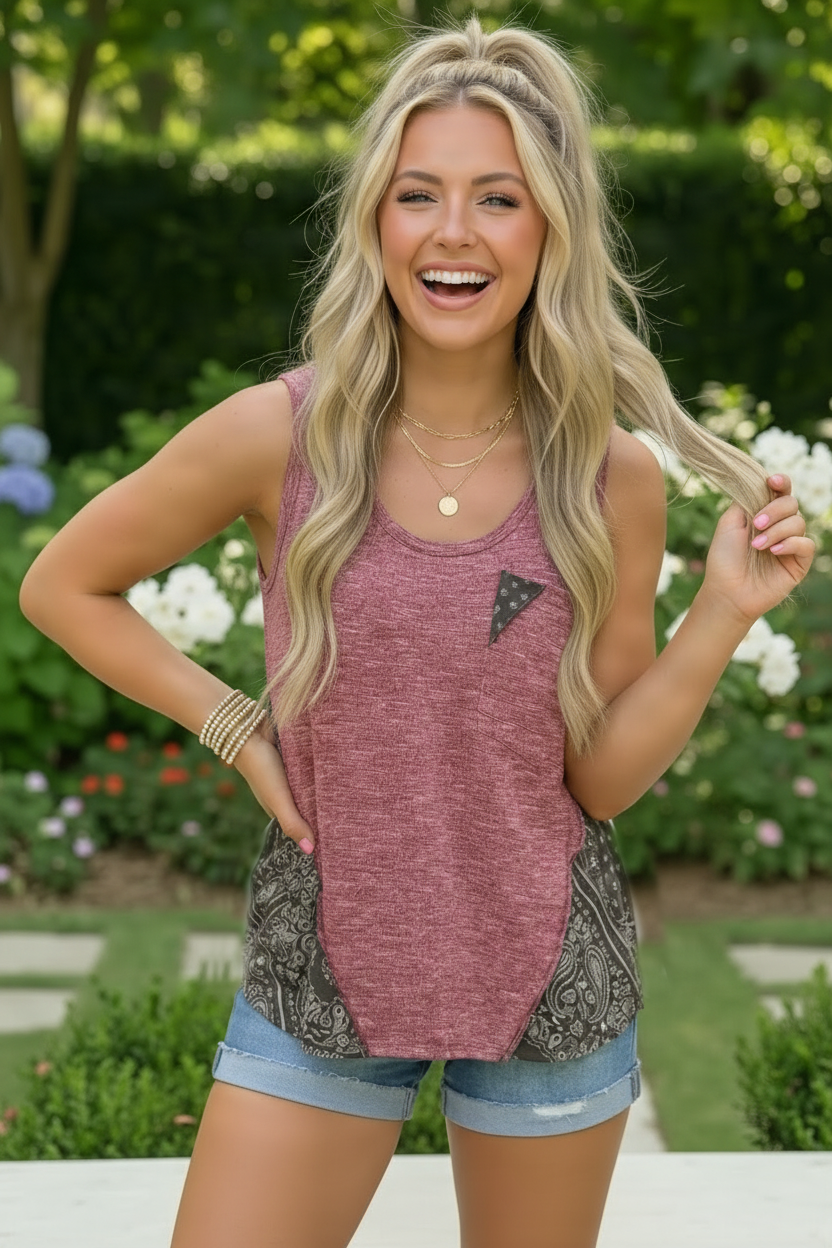 Heathered Tank Top with Paisley Contrast Panel