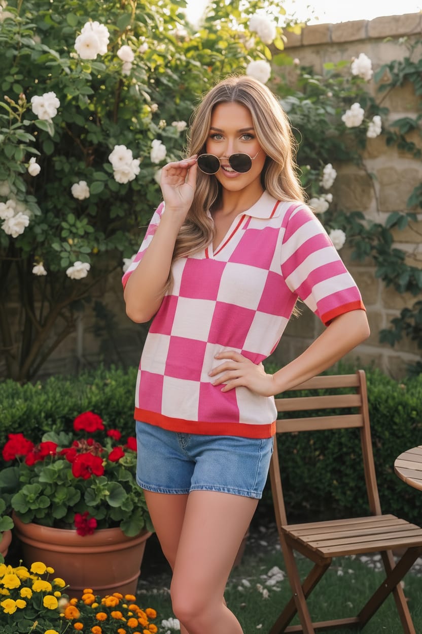 Checkered Knit Short Sleeve Polo Sweater Top
