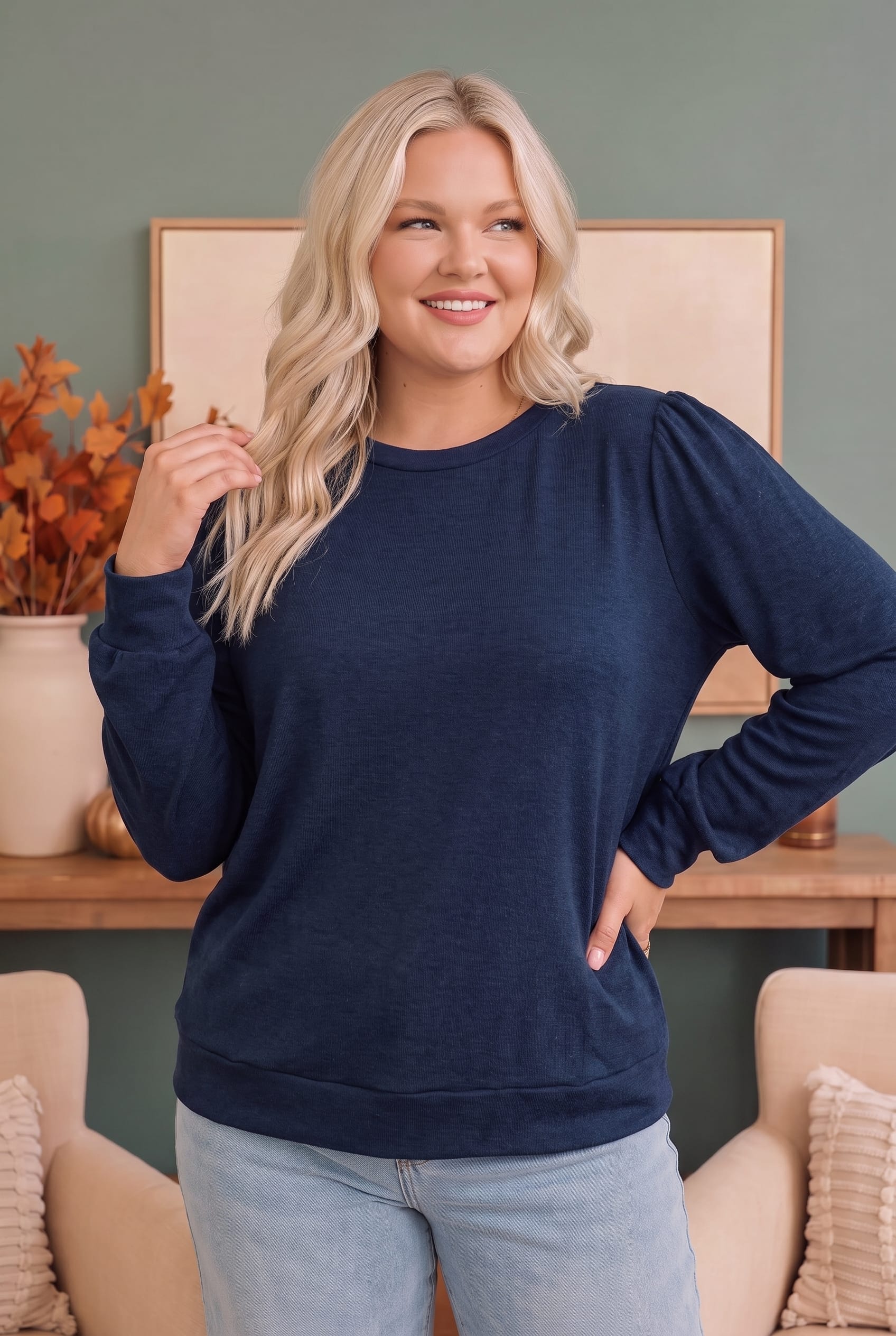 Plus Navy Puff Shoulder Long Sleeve Pullover Top