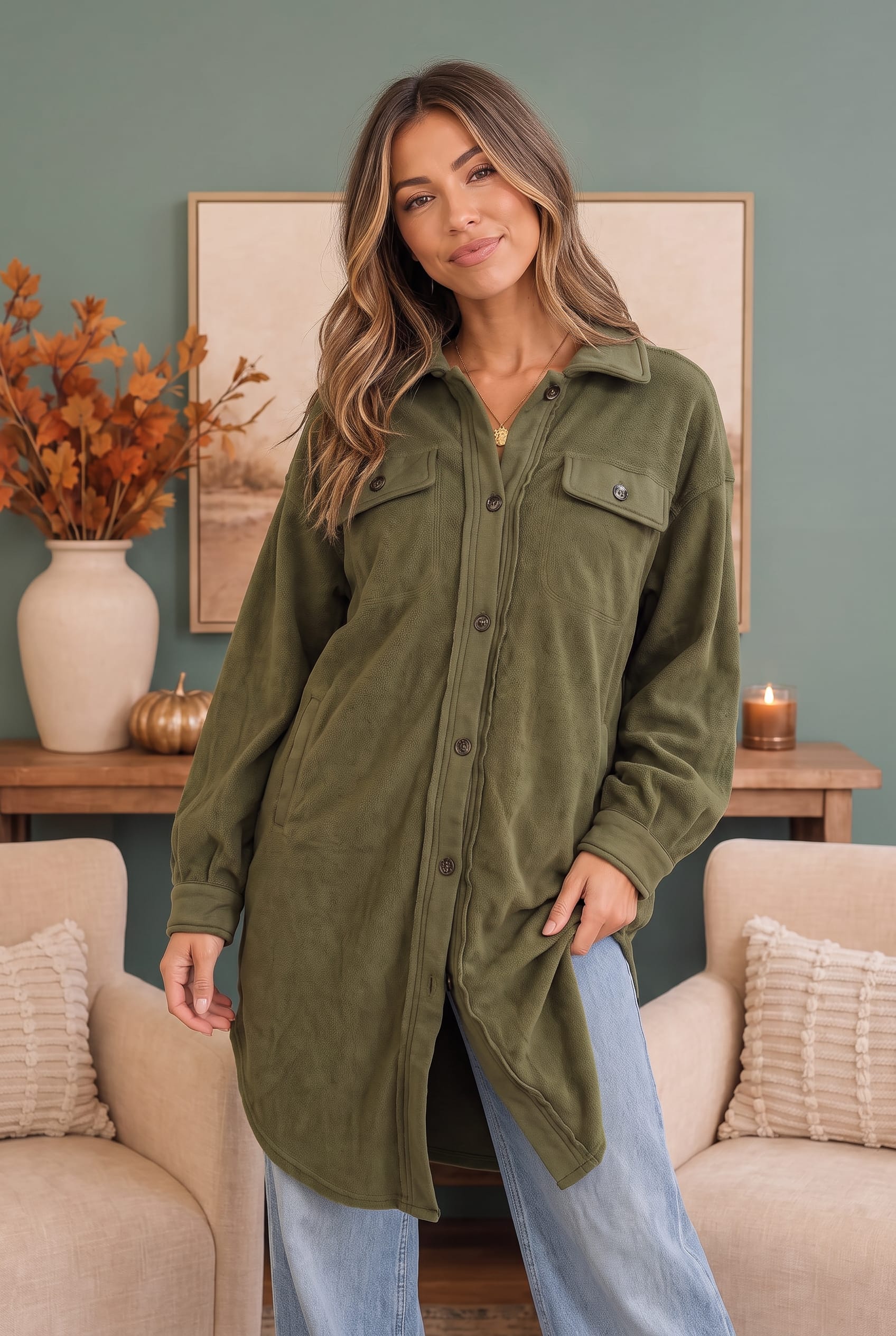 Olive Fleece Long Button Down Shacket