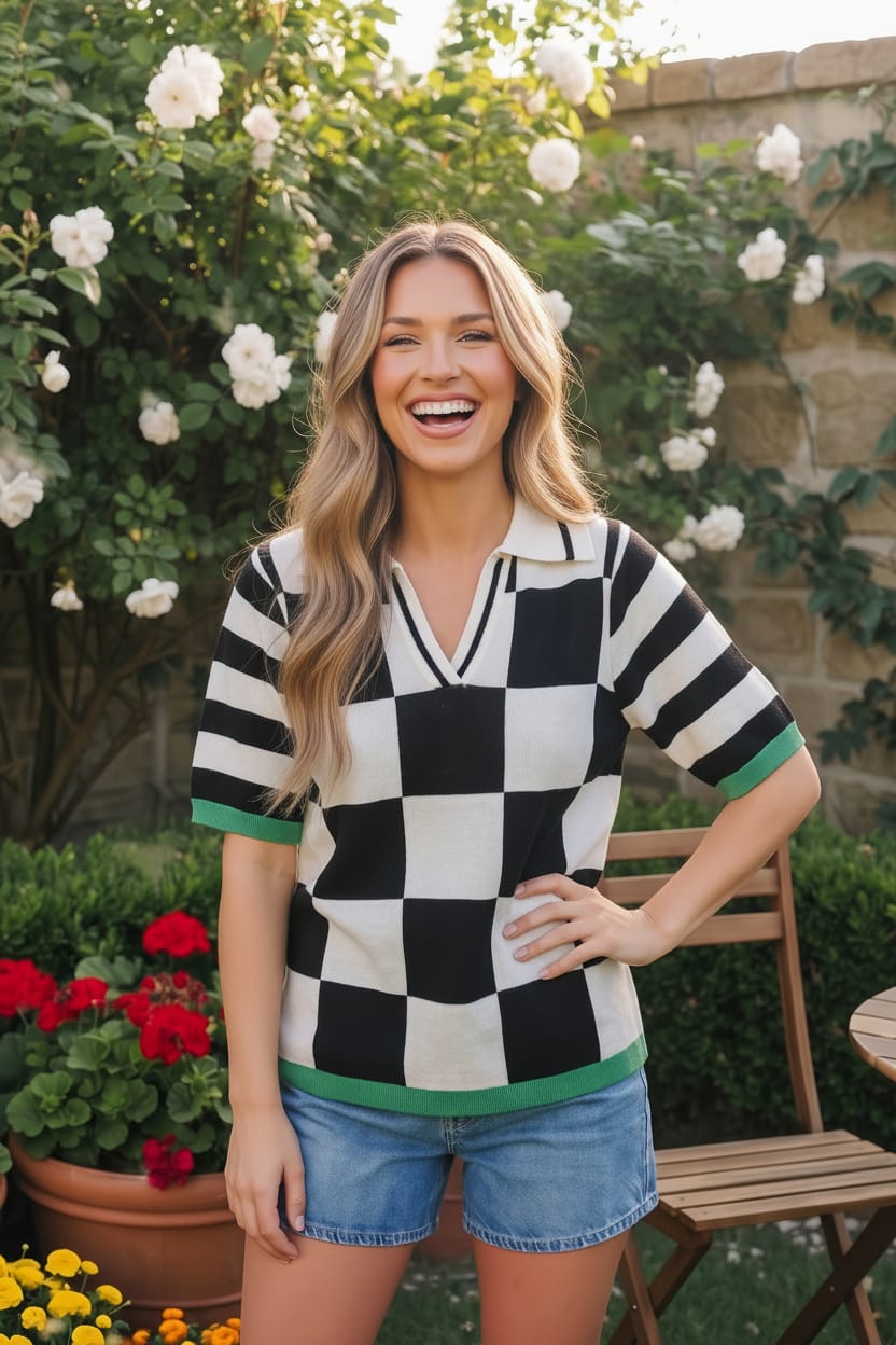 Black and White Checkered Knit Polo Sweater Top