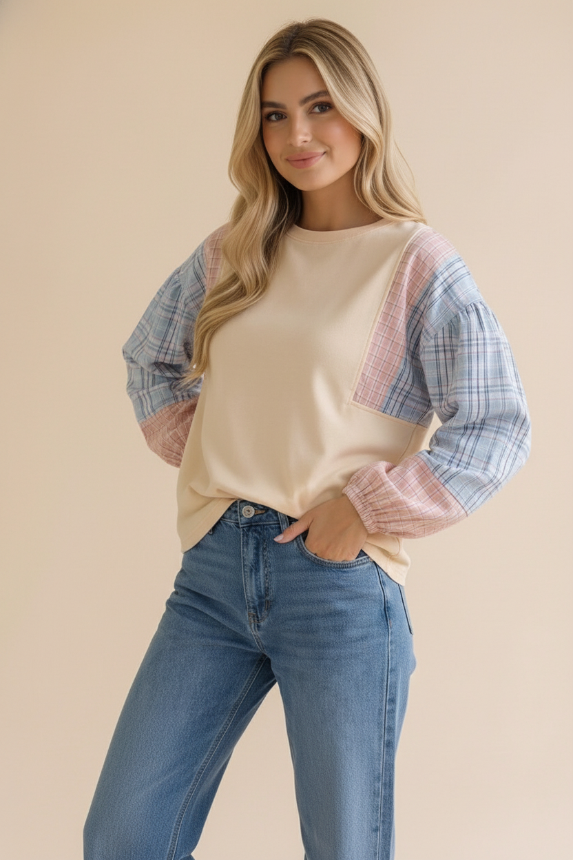OATMEAL SOLID PULLOVER KNIT TOP W/ PLAID SLEEVES