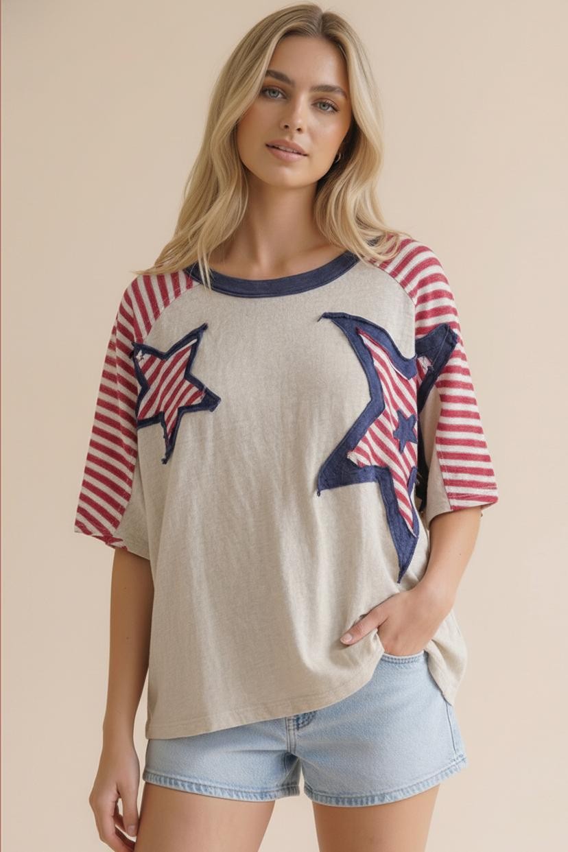 PLUS OVERSIZED STAR PATCH STRIPE COLOR BLOCK TOP