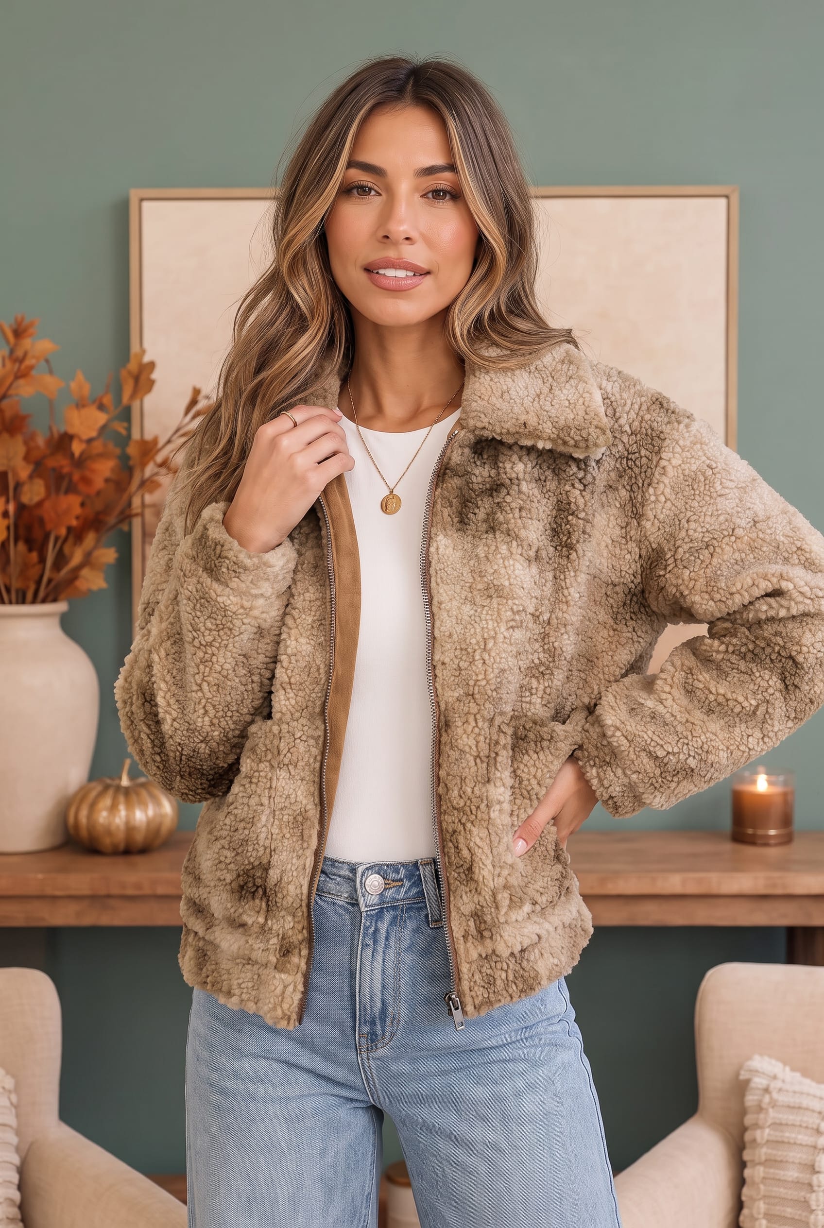 Teddy Sherpa Zip Up Cropped Jacket